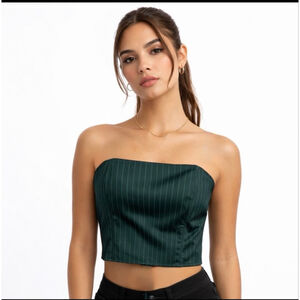 Lioness Green Pinstripe Corset Bustier Strapless Lace Up Aniston Top XS NWT